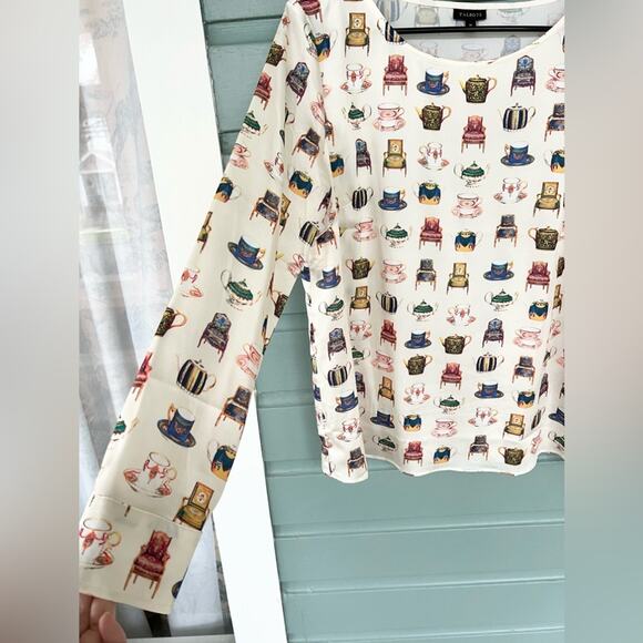 Talbots teacup teapot blouse quirky unique royal tea tea party blouse fun office - Picture 3 of 8